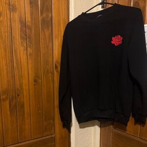 Original Deluxe Black Crewneck with Red Rose Detail